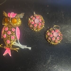 Vintage Rare  Mint ConditionGold-Tone Pink Floral Owl Brooch and Earrings Set